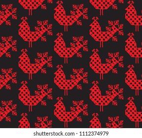 Seamless pattern horse Ornament of Russian folk embroidery, red contour on black background. Can be used for fabrics, wallpapers, websites. Vector
