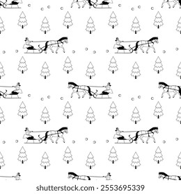 Seamless pattern of a horse pulling a sled with a rider in winter forest, featuring pine trees and minimalistic black and white design elements