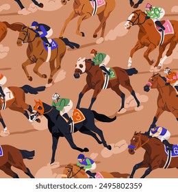 Patrón sin fisuras, carreras de caballos. Jinetes en caballos de carreras, galopando. Fondo sin fin, diseño de impresión repetida, jinetes a la velocidad. Ilustración vectorial plana para textil, envoltura y tela