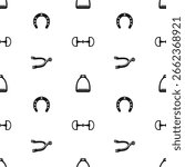 Seamless pattern with horse riding equipment including stirrups, horseshoes, spurs and bits on white background