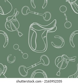 Seamless pattern with horse riding equipment on a green background. Texture with different kinds of saddles, horseshoe and snaffle bits