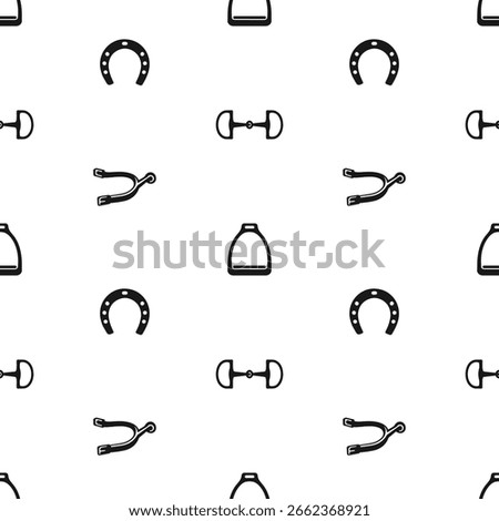 Seamless pattern with horse riding equipment including stirrups, horseshoes, spurs and bits on white background