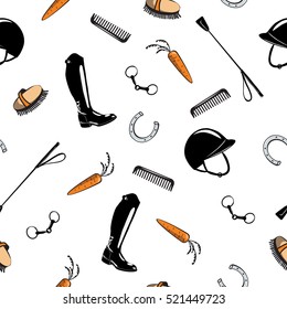 Seamless pattern with horse riding tack on white. Hand drawing cartoon bit, whip, brush, horseshoe, boot, snaffle. Equine vector background.