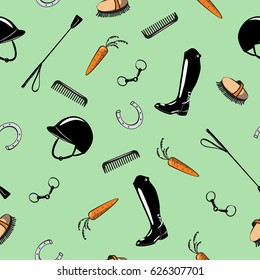 Seamless pattern with horse riding tack tool on green. Hand drawing cartoon bit, whip, brush, horseshoe, riding boot, snaffle. Equine vector background.