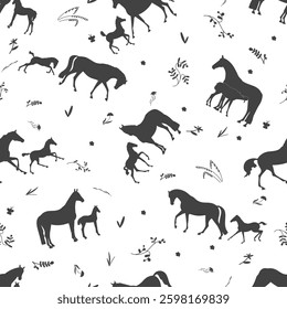 Seamless pattern with horse silhouettes and floral elements on a white background