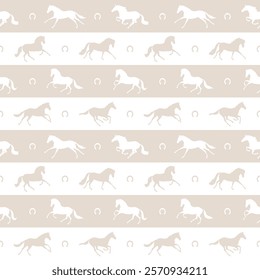 Seamless pattern with horse silhouettes and horseshoes on beige and white horizontal stripes creating an equestrian-themed decorative design