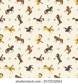 Seamless pattern of horseback riders performing dressage and jumping on various ponies