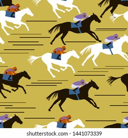 Seamless pattern with horsemen in horseraces on yellow background. Equestrian theme. Vector