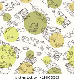 Seamless pattern with horseradish: horseradish root, leaves and a piece of horseradish root. Vector hand drawn illustration.