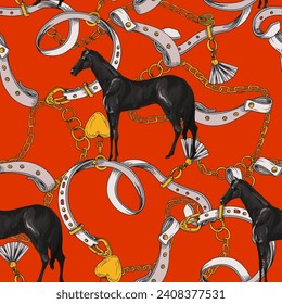 Seamless pattern with horses and belts. Vector