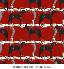 Seamless pattern with horses and belts. Vector