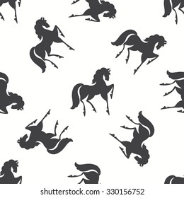 Seamless pattern with horses. Black and white vector illustration.
