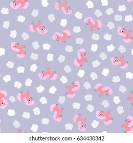Seamless pattern with horses and clouds for babies. Colorful cute vector seamless pattern for wrapping paper, fabric or wallpapers.