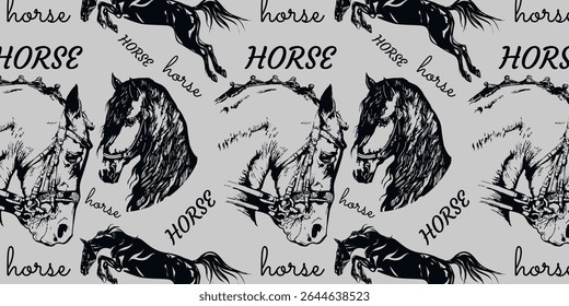 Seamless pattern with horses. Equestrian pattern. Repeating pattern with different horse silhouettes. Equestrian sport. Vector pattern