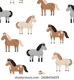 Seamless pattern with horses. Flat vector illustration isolated on white background