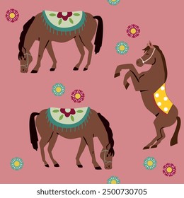 Seamless pattern with horses and flowers.