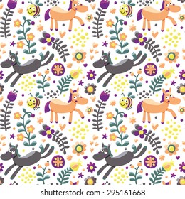 Seamless pattern with horses, flowers and bee