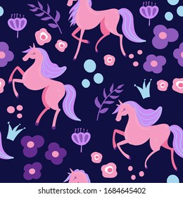 Seamless pattern with horses and flowers. Flat style  floral illustration. Cute girls background. Background for textile, paper, fabric
