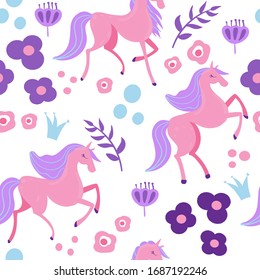 Seamless pattern with horses and flowers. Flat style  floral illustration. Cute girls background. Background for textile, paper, fabric
