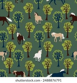 seamless pattern with horses and forest. Vector design for paper, fabric and other surface.