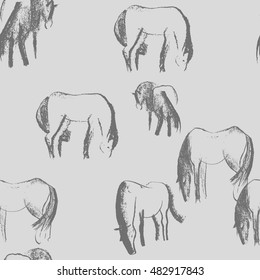 Seamless pattern with horses. Hand drawn background.