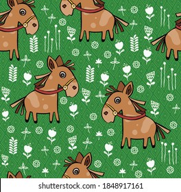 Seamless pattern with horses and hand textures.