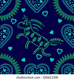 Seamless pattern with horses and hearts