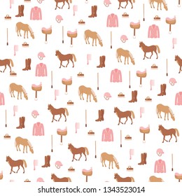 Seamless pattern with horses and horse riding sport equipment. Horse riding sport theme.  