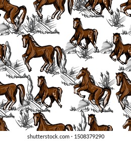 Seamless pattern with horses in landscape. 