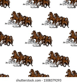 Seamless pattern with horses in landscape. 