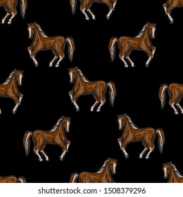 Seamless pattern with horses in landscape. 