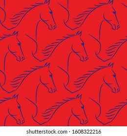 Seamless pattern with horses lineart. Realistic hand drawn doodle vector illustration.