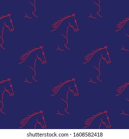 Seamless pattern with horses lineart. Realistic hand drawn doodle vector illustration.