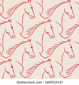 Seamless pattern with horses lineart. Realistic hand drawn doodle vector illustration.