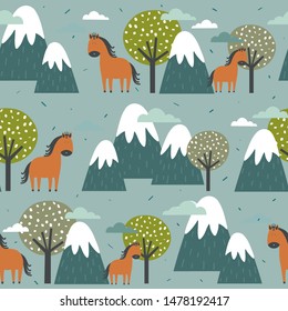 Seamless pattern, horses, mountains and trees, hand drawn overlapping backdrop. Colorful background vector. Illustration with animals. Decorative wallpaper, good for printing
