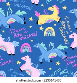  Seamless pattern with horses on blue background . Pattern for textile, fabric, stationery, kids, clothes, wrapping paper and other designs.