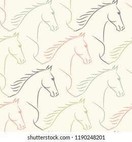 Seamless pattern with horses, pale pastel colors, beige background. Realistic vector illustration.