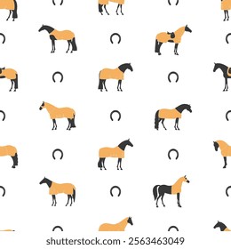 Seamless pattern with horses in rugs and horseshoes on a white background