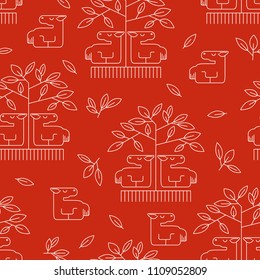 Seamless pattern of horses sitting under a tree on a red background. Linear style. Based on the Northern patterns. Vector. Used for packaging, printing prints, fabrics.