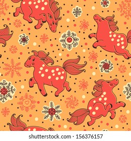Seamless pattern with horses and snowfall in cartoon style. Vector illustration.