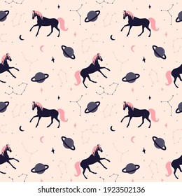 
seamless pattern with horses and space. print in a modern style. stars and planets. solar system. design for baby things