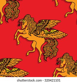 Seamless pattern with horses. Vector colorful background. 