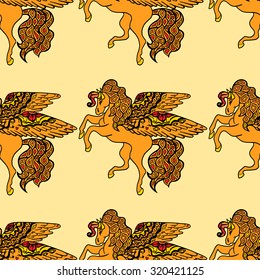 Seamless pattern with horses. Vector colorful background. 