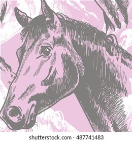 Seamless pattern with horses in vintage style . Realistic drawing by hand.