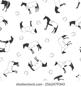 Seamless pattern with horses wearing blankets surrounded by horseshoes
