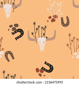 seamless pattern with horseshoe bull skulls. desert. vector illustration for fabric, paper packaging and other