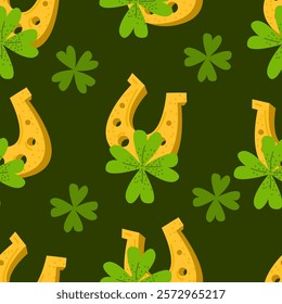 Seamless Pattern with Horseshoe and Clover on Green Background.