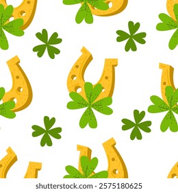 Seamless Pattern with Horseshoe and Clover on White Background.