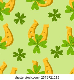 Seamless Pattern with Horseshoe and Clover on Light Green Background.