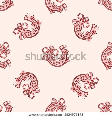 Seamless pattern of horseshoe with coquette bow ribbon and flowers. Lucky charm and symbol. Magic protection talisman for good luck and success. Whimsical trendy background. Vintage illustration